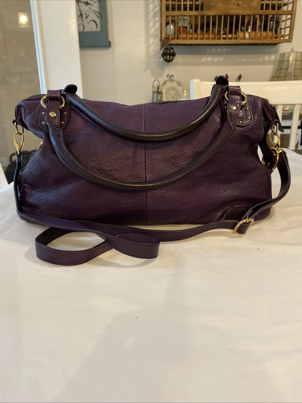 PRESA PEBBLED LEATHER PLUM/PURPLE PURSE BAG CROSSBODY Large 16”x11”x7”