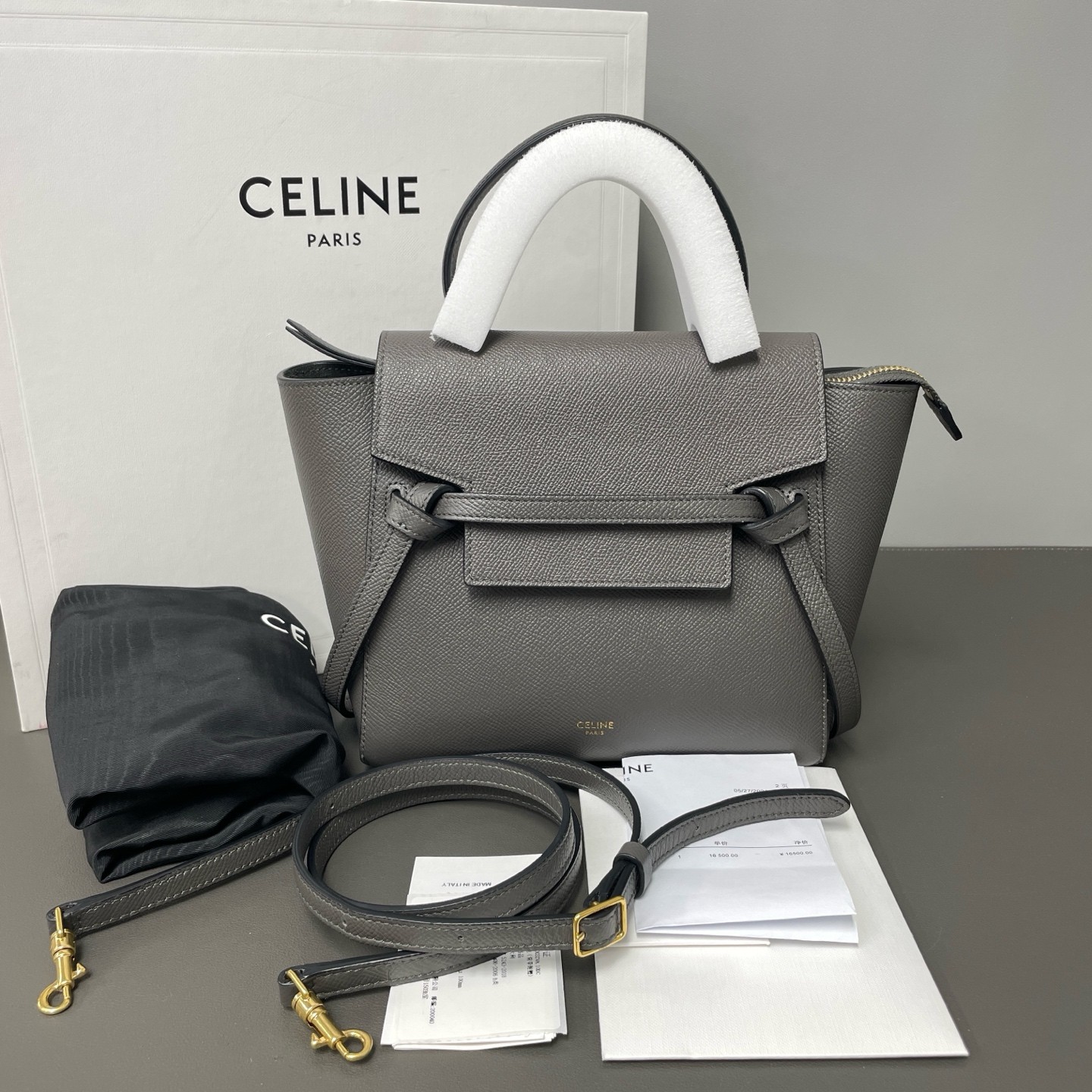 CELINE Belt Mini Grey Grained Calfskin Hand Shoulder Crossbody Duty Paid