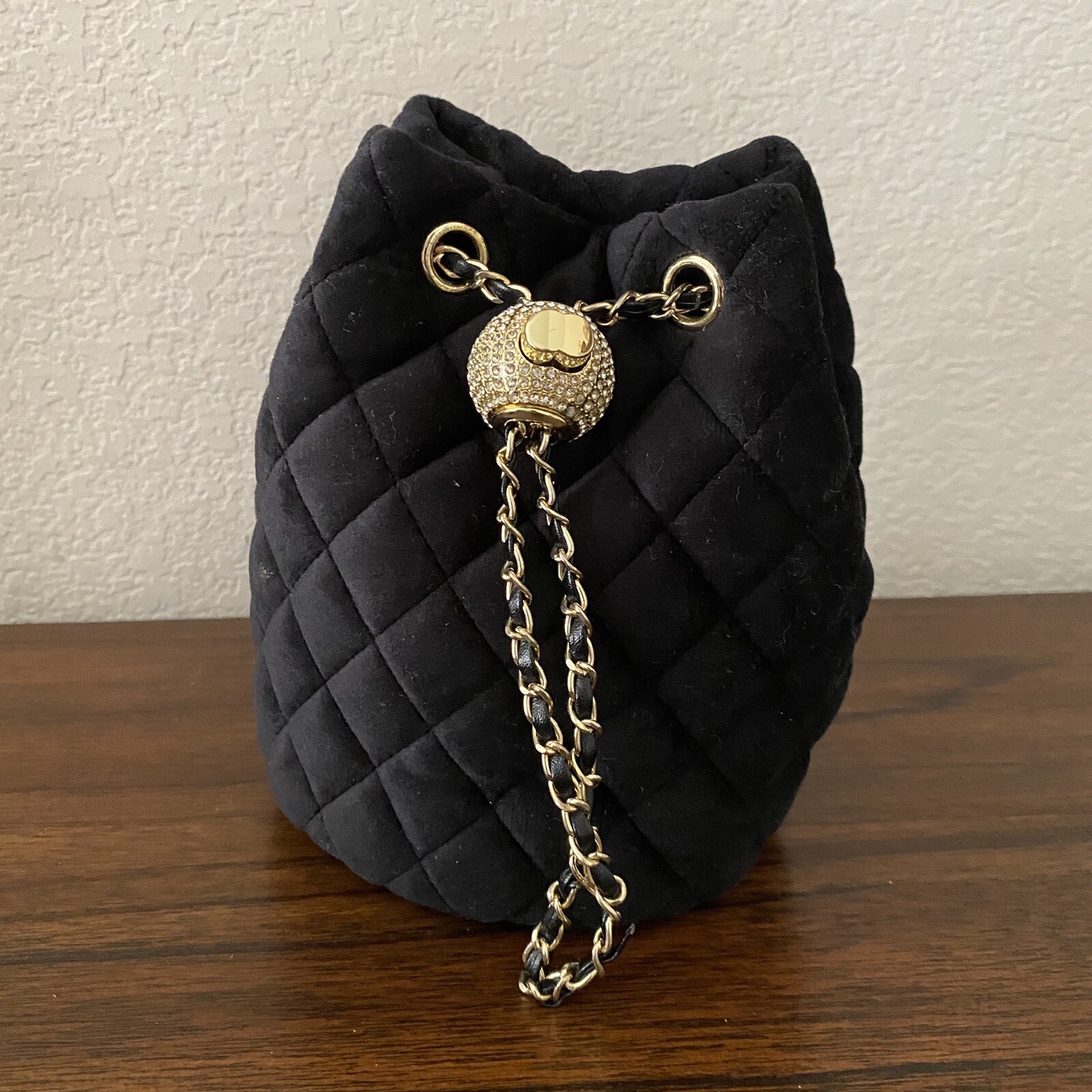 Black Quilted Velour Mini Drawstring Bucket Bag Ball Bling Chain Crossbody Purse