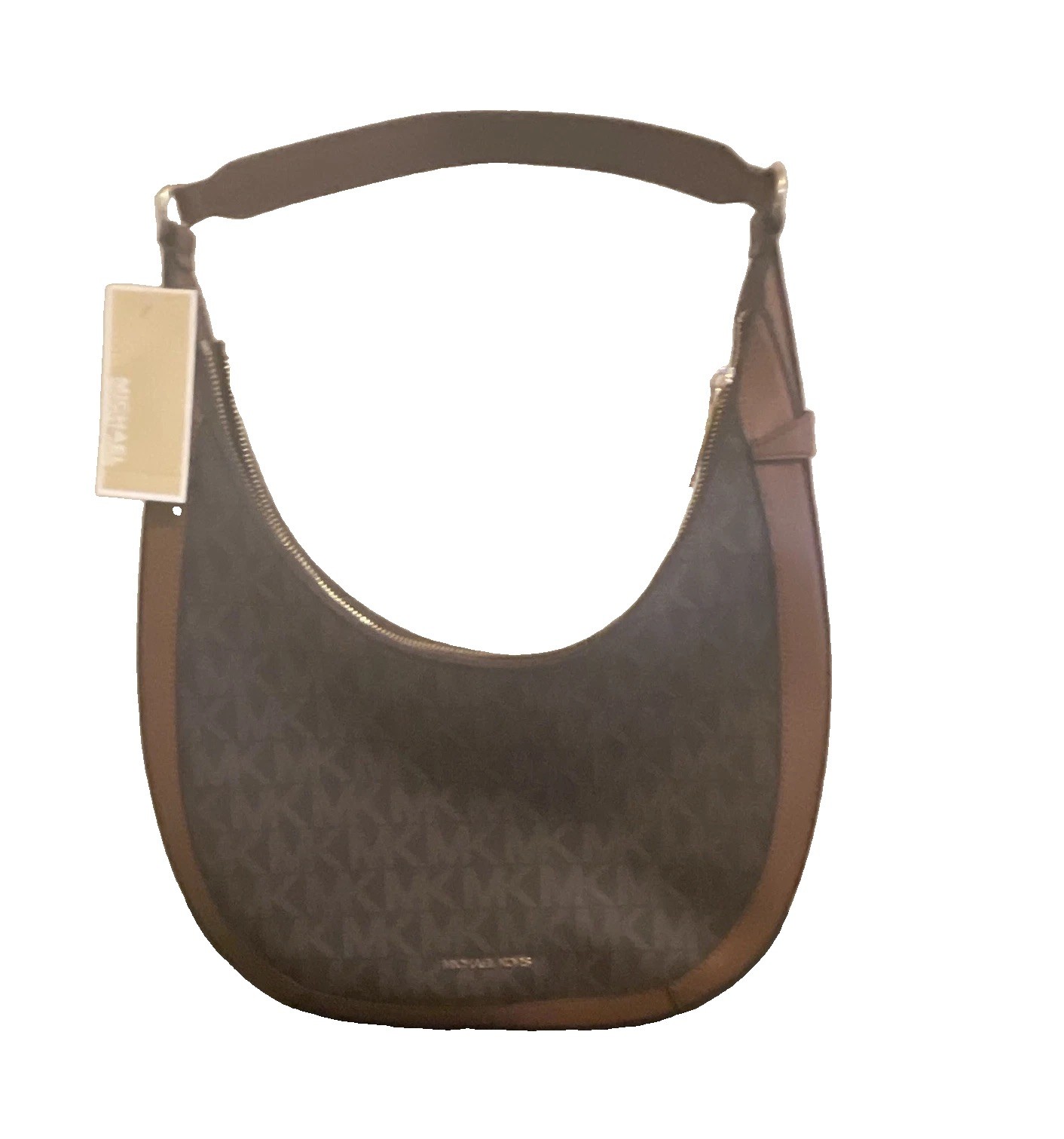 Michael Kors Brown Monogram Crescent Shoulder Bag Zip, Silver Hardware, Card