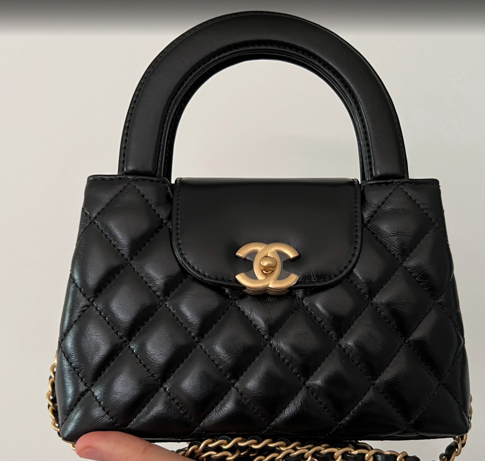 NEW Chanel Mini Kelly Top Handle Aged Calfskin Bag Black Brushed Gold Hardware