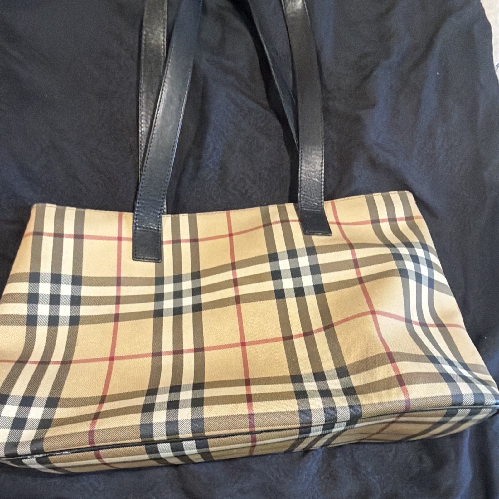 Burberry Beige Nova Check Plaid Tote Zip Top Black Leather Double Handles