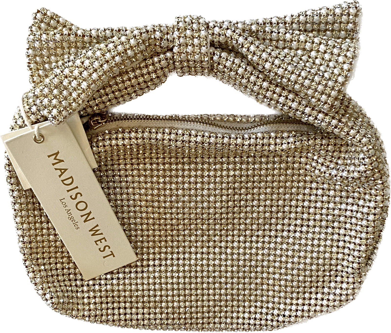 Madison West Aurora Borealis Gold Crystal Pearl Bow Handle Evening Hand Bag NEW