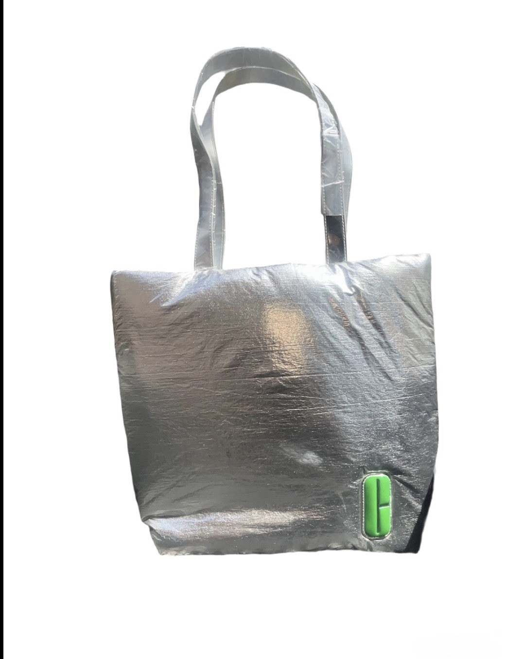 Clinique So Tea Y2K Silver Metallic Chrome Tote Shoulder Gym Bag Green Lining