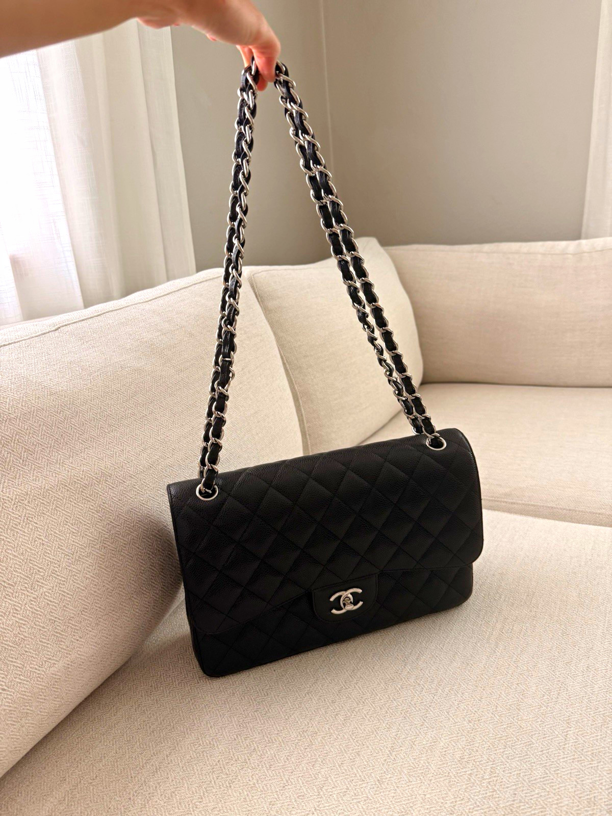 CHANEL Quilted Caviar Classic Jumbo Flap Bag Silver