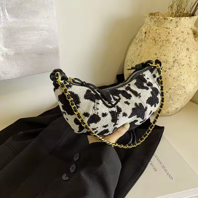 Brand Designer Canvas Cow Printed Pattern Women’s Shoulder Bag Retro Chain Cross