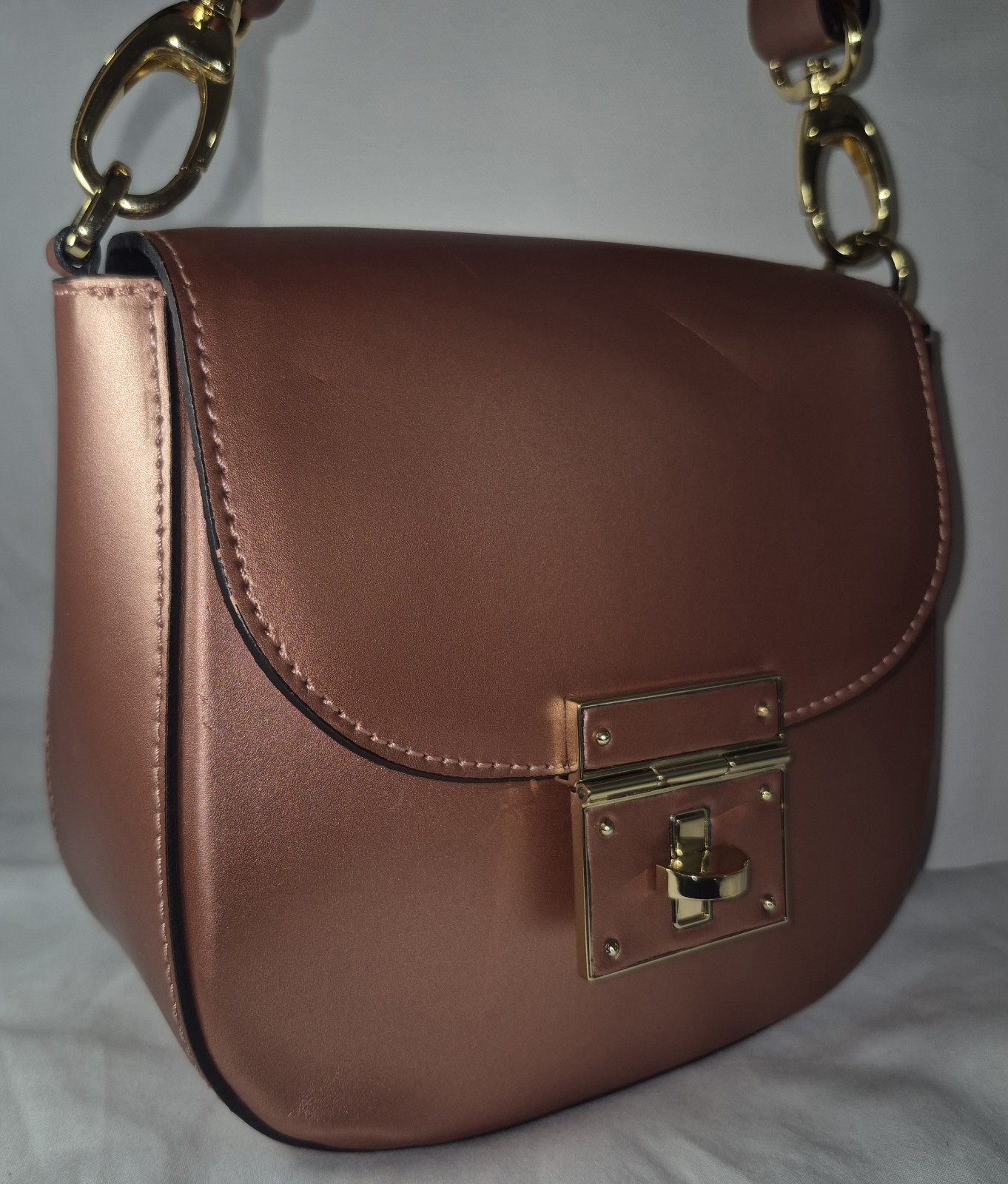A.Bellucci Italy Metallic Rose Gold Leather Structured Micro Mini Bag Turnlock