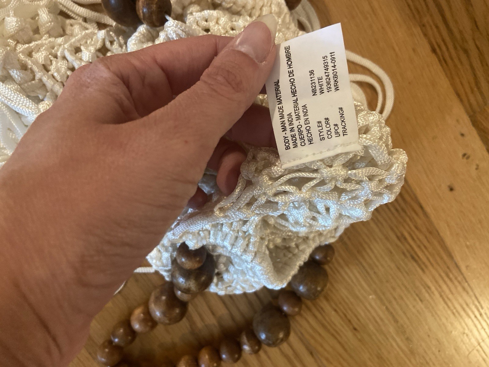 Ivory Crochet Top Handle Bag Wooden Bead Handle Fringe Accents Drawstring
