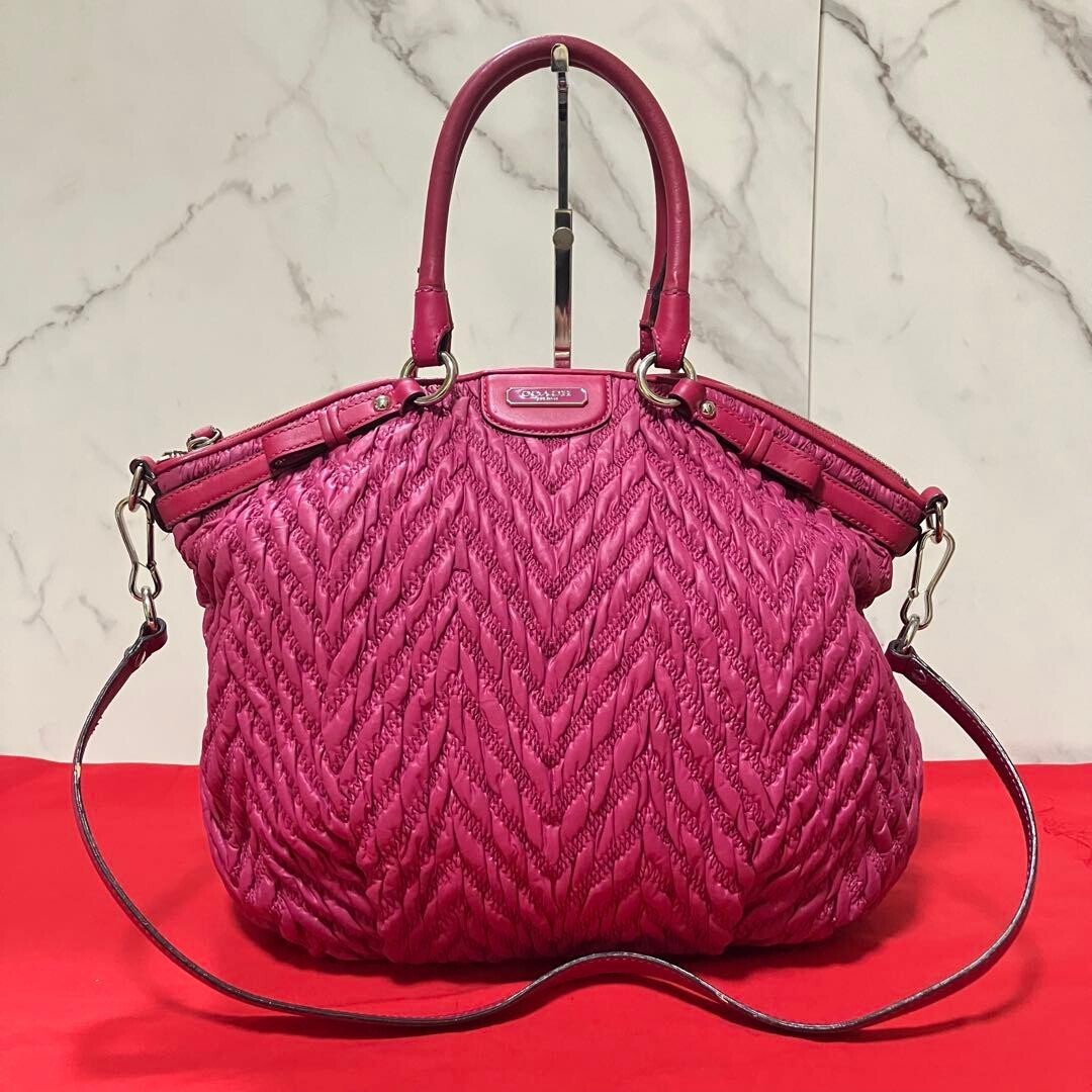 COACH Madison Quilted Pink Purple 2Way Shoulder Bag Leather Auth