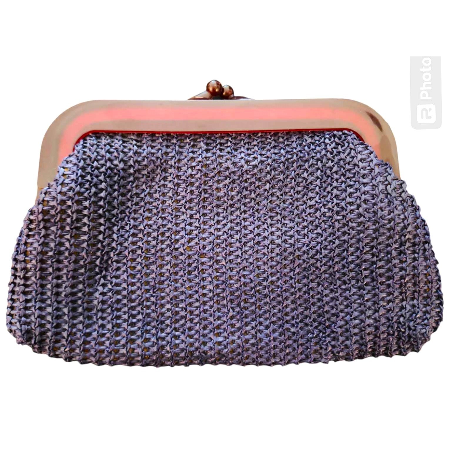 Vintage MCI A World of Vintage Handbags Navy Straw Clutch Tortoise Frame Closure
