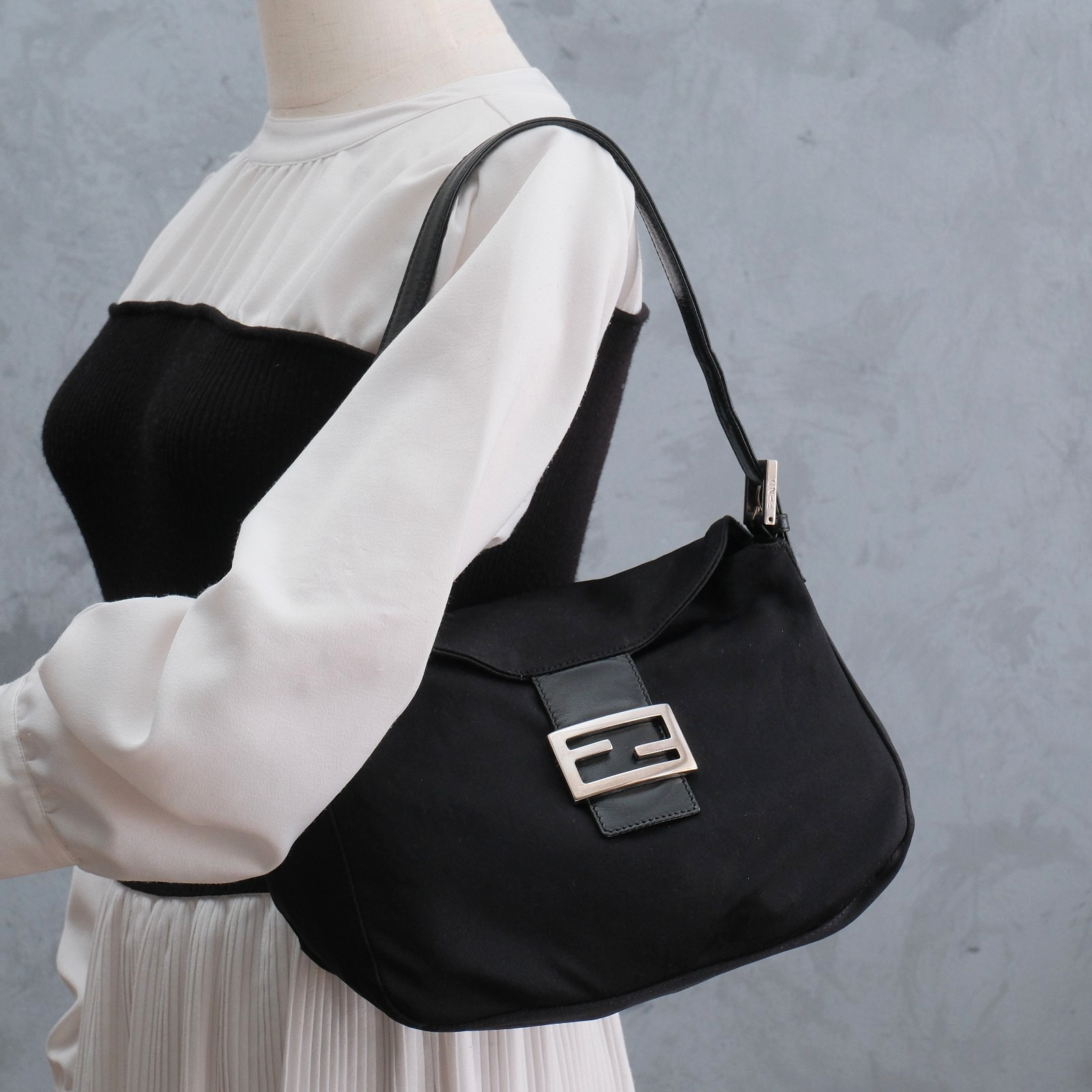 FENDI Mamma Baguette Shoulder Hand Bag Black Nylon