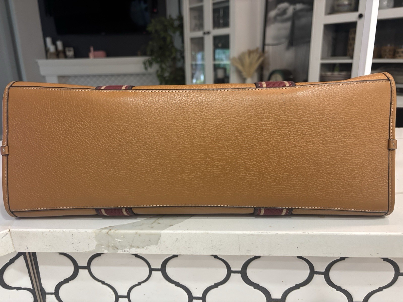 Coach Smith Tote Bag J2477-CU996 Tan With Burgundy Handles