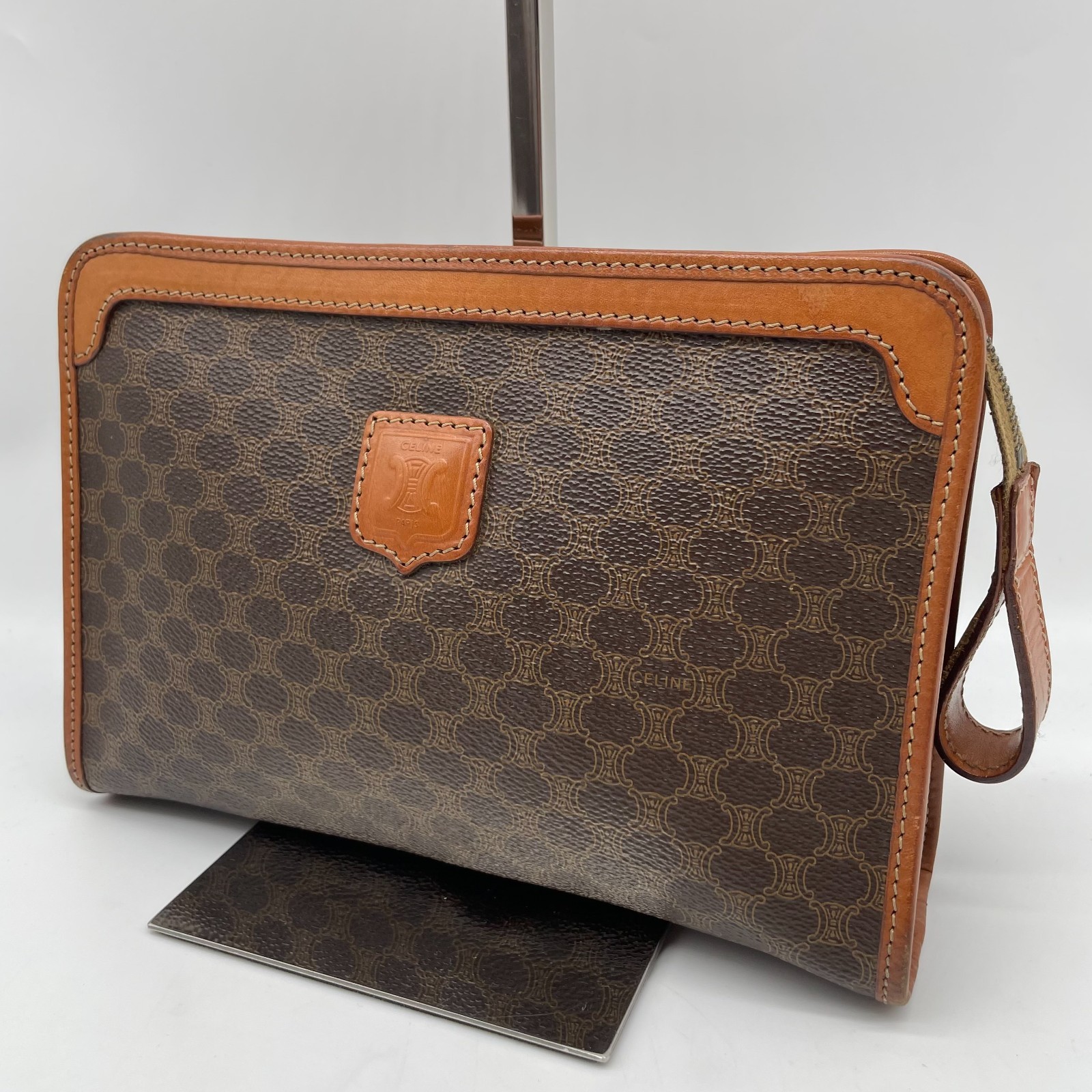 Celine Clutch Bag Brown Macadam Triomphe Leather Leather PVC Pouch Y2K Auth