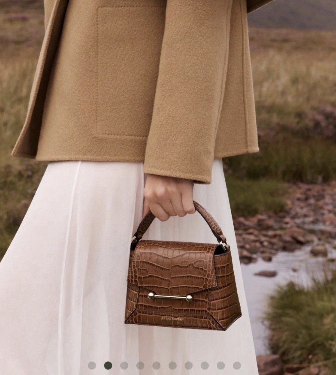 Strathberry Mosaic Nano Brown Croc Embossed Top Handle + Crossbody Strap