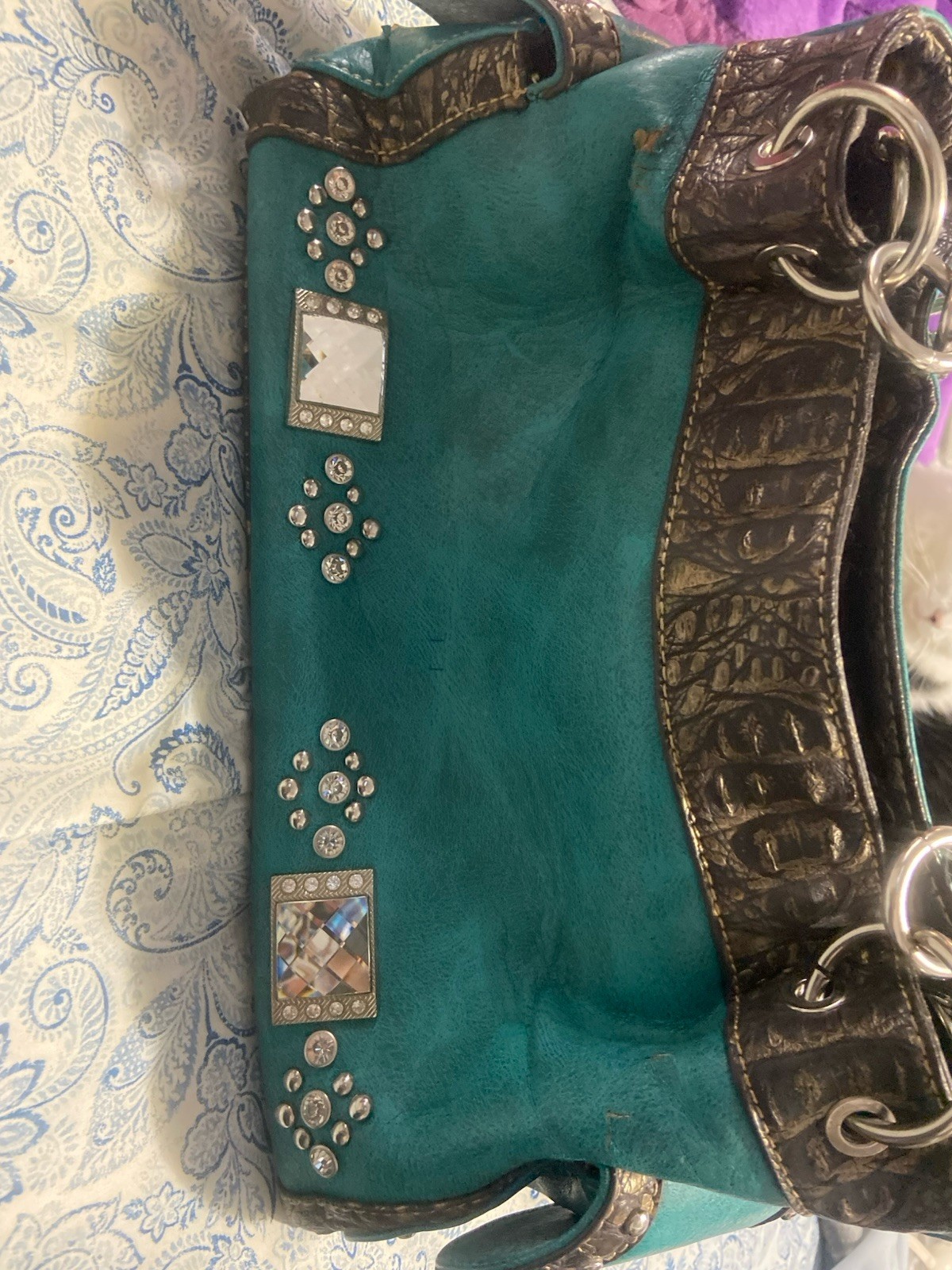 Montana West Turquoise Brown Western Shoulder Bag, Studded Rhinestone Buckle