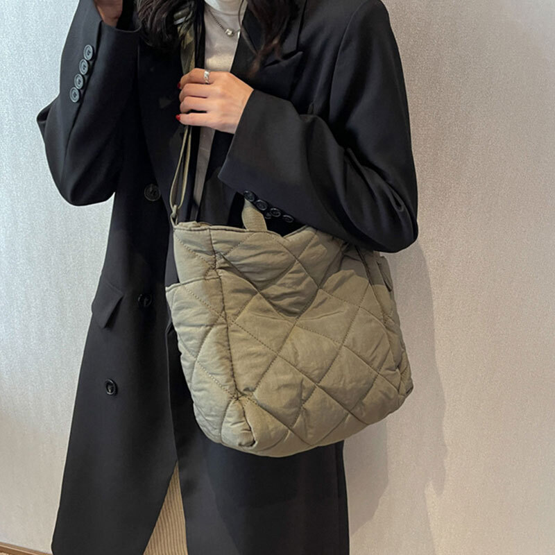 Women Large Capacity Quilted Shoulder Bag Handbag Tote Bag Winter Diamond Grid