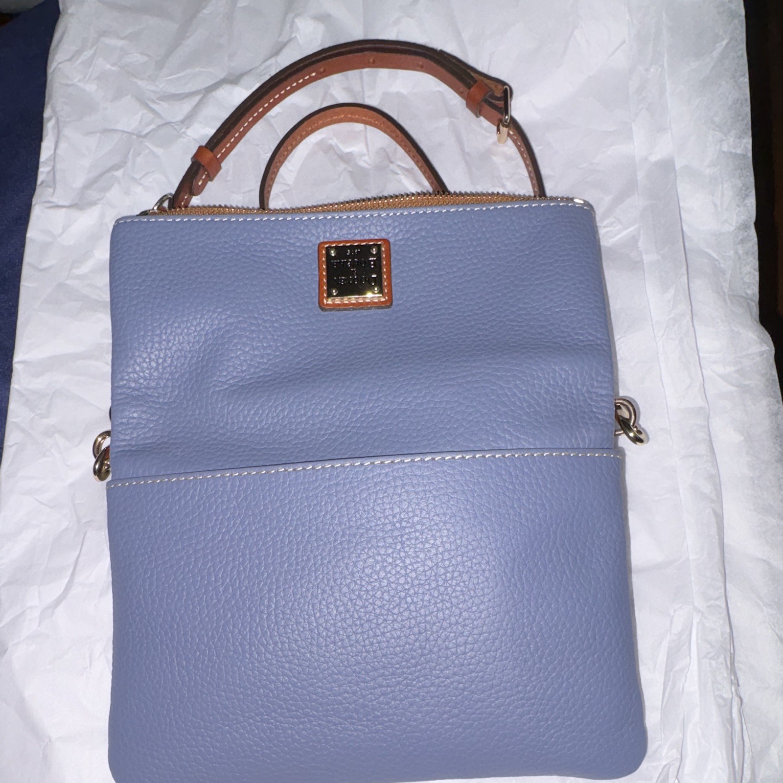 Dooney & Bourke Graphite Pebbled Crossbody Brown Strap Gold Hardware Red Lined