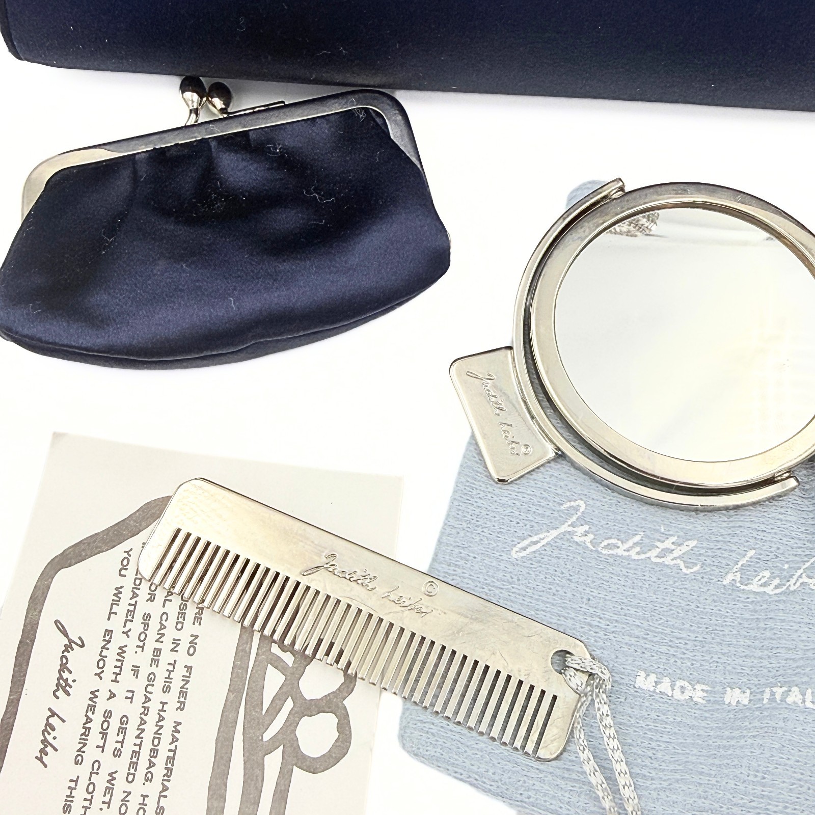 Judith Leiber Midnight Blue Satin Rhinestone O-Ring Top Handle Clutch Bag