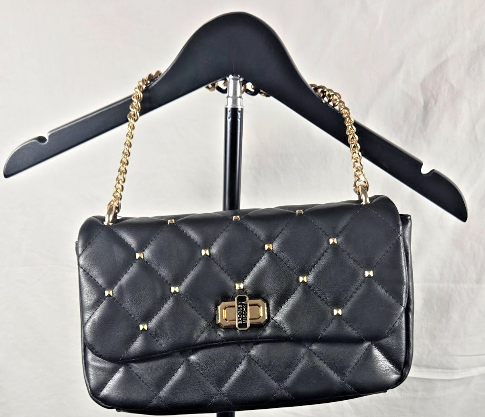Badgley Mischka Black Diamond Quilted Crossbody Leather Bag with Chain Strap