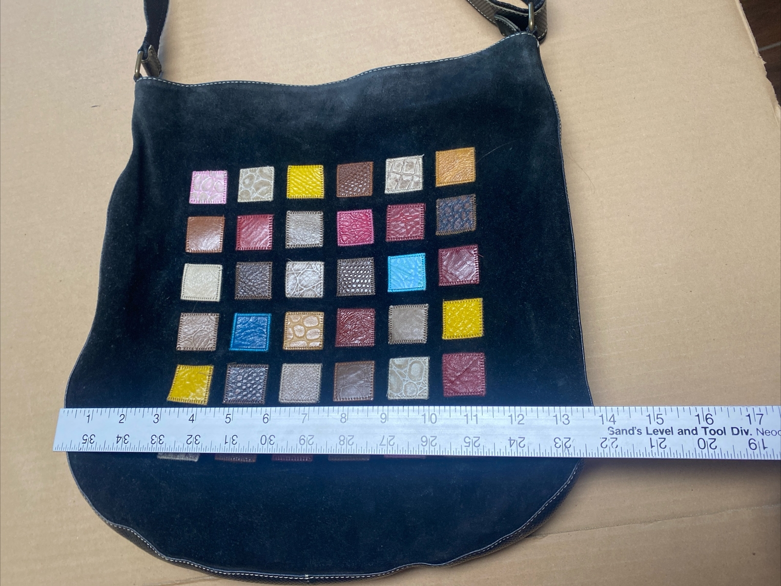 El Dorado Leather Black Suede Crossbody Messenger with Patchwork Leather Squares