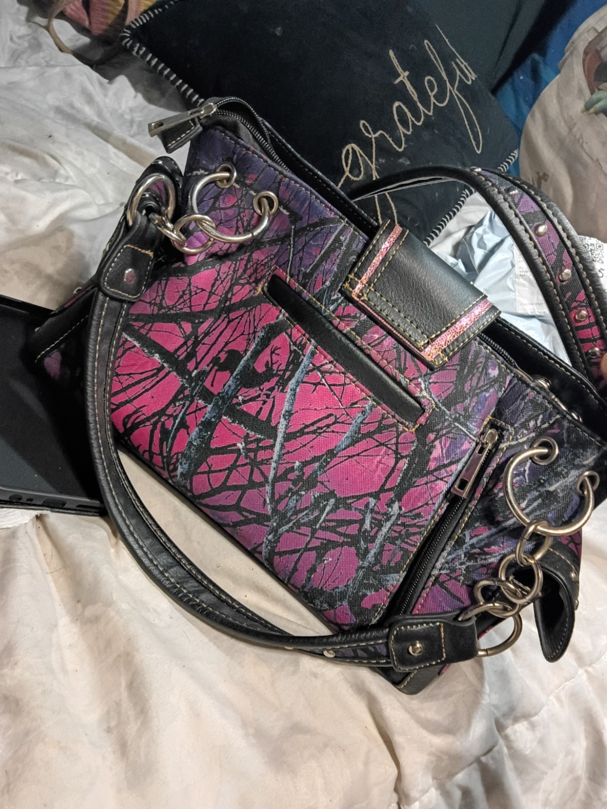 Pink Black Purple Camo Western Zip Satchel Top Handle Buckle Rhinestone Strap