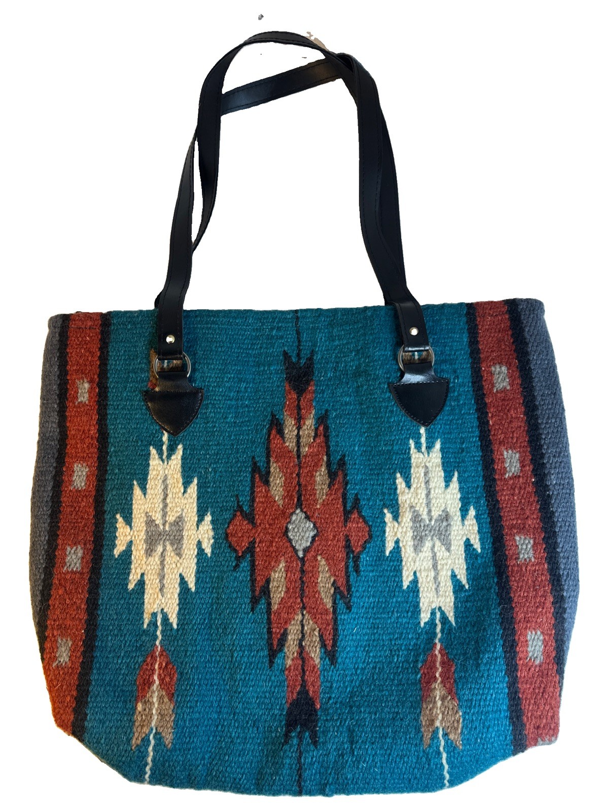 EL PASO SADDLE BLANKET CO. Wool & Leather Tribal Woven Blanket Tote Bag