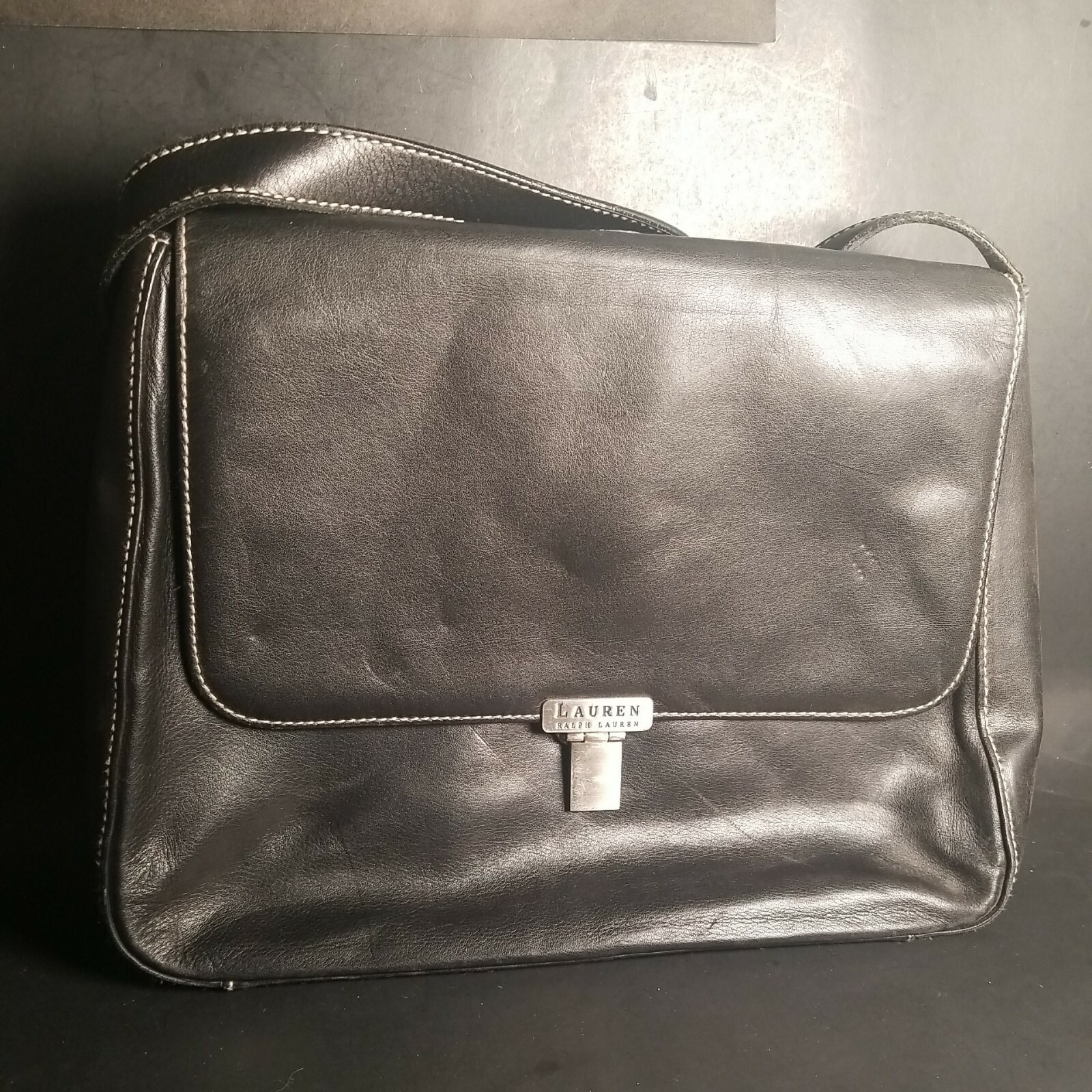 Vtg Lauren Ralph Black Leather Front Flap Shoulder Purse Classic Basic One Strap
