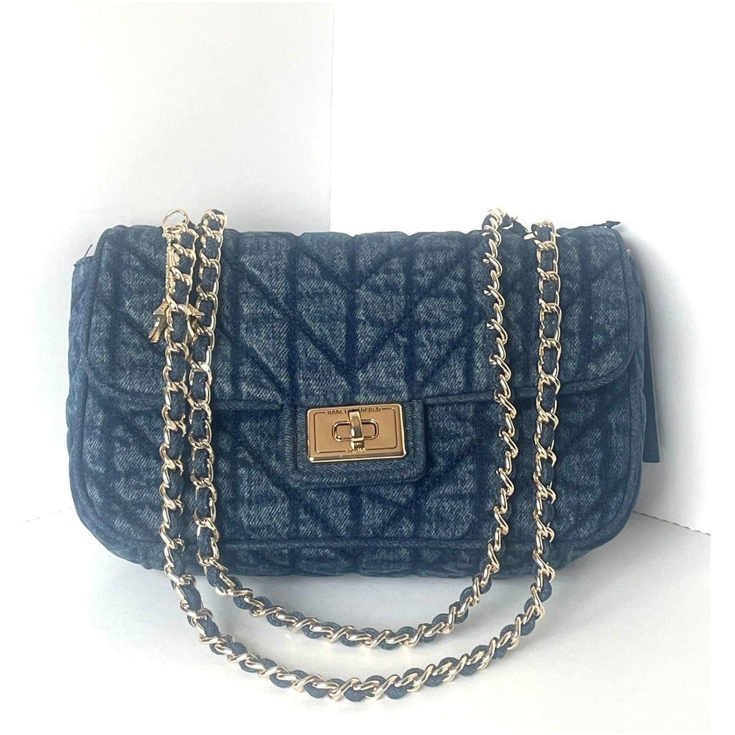 Karl Lagerfeld Agyness Large Denim Quilted Shoulder Bag Chain NWT Paris