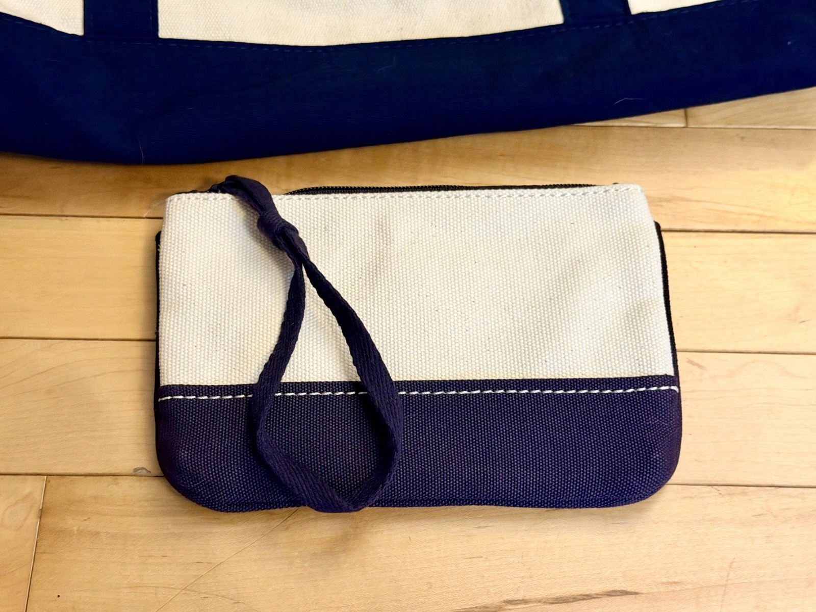 Large Lands End Canvas Tote + Matching Wristlet Bag Navy Blue Double Strap Lot 2