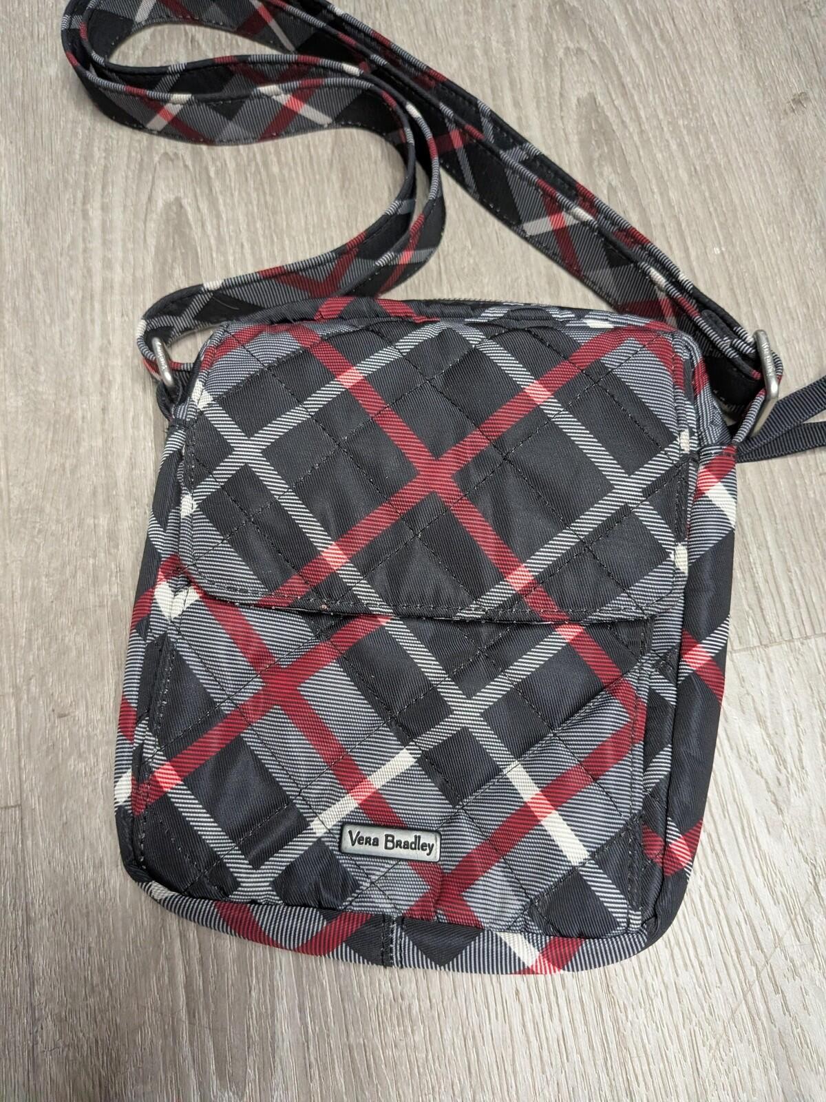 Vera Bradley Crossbody Bag Womens Small Black Plaid Quilted Zip Strap Purse
