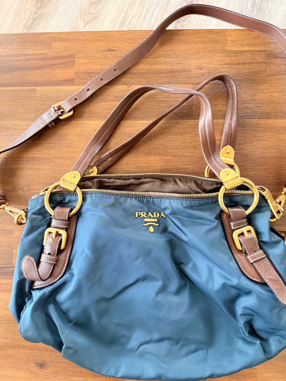 Prada Tessuto Nylon Bauletto Bag Teal Blue Leather Crossbody Shoulder Handbag