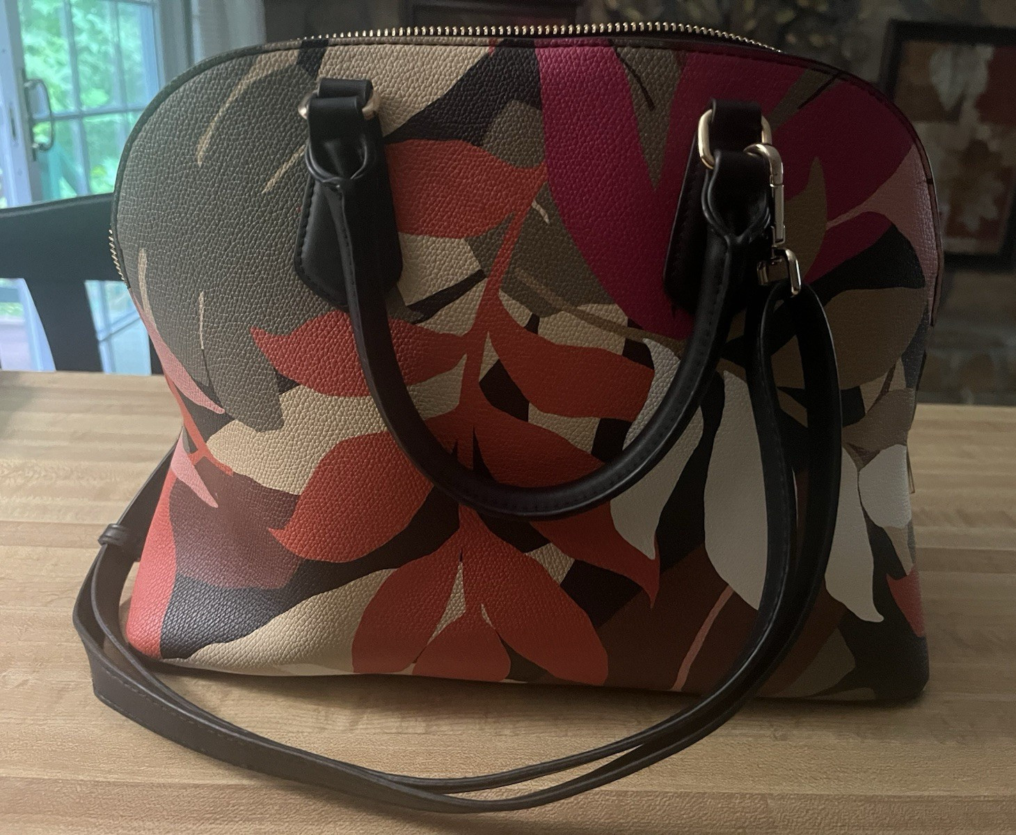 Women’s Multicolor Floral Satchel Top Handle Bag, Zip Closure, Detachable Strap