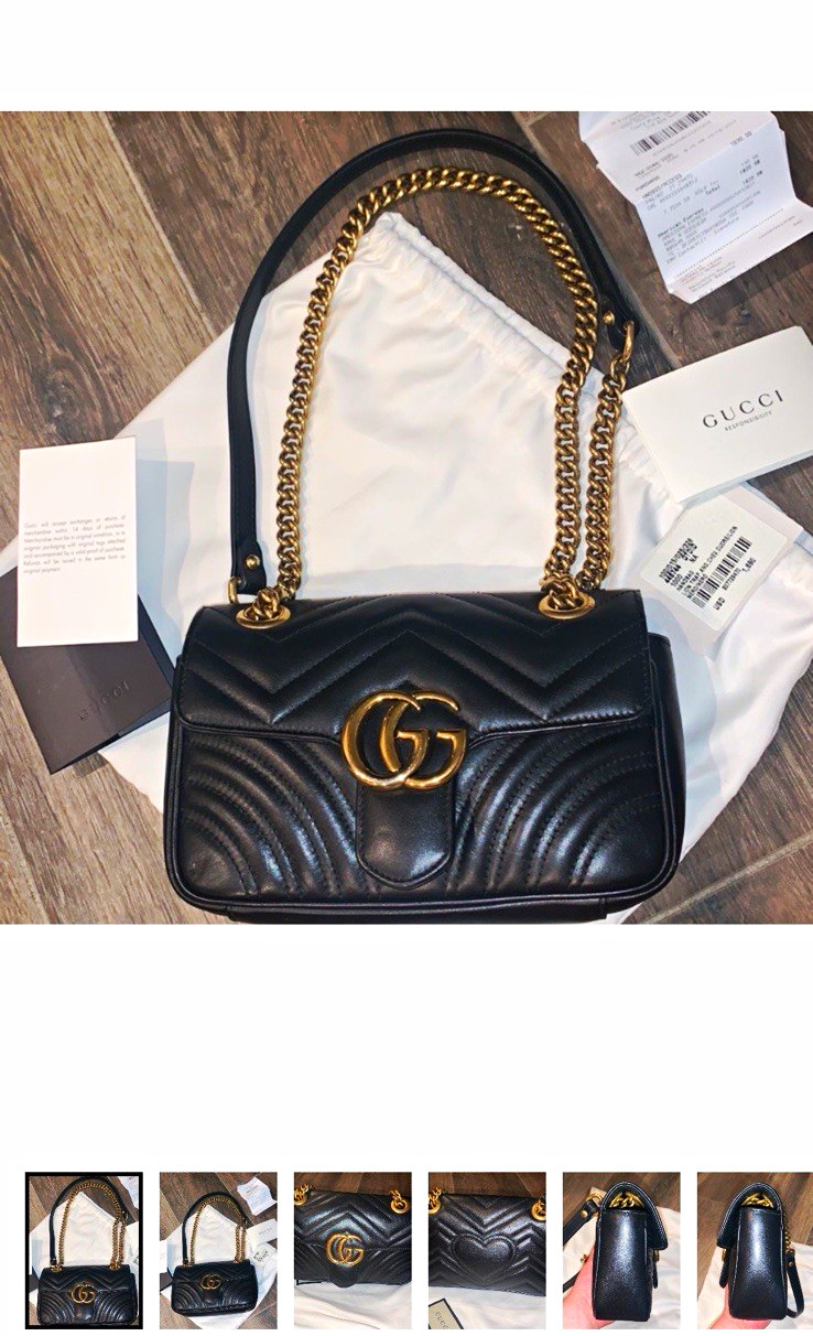 Gucci GG Marmont Black Quilted Chevron Shoulder Bag Gold Chain Lock w/ Dust Bag