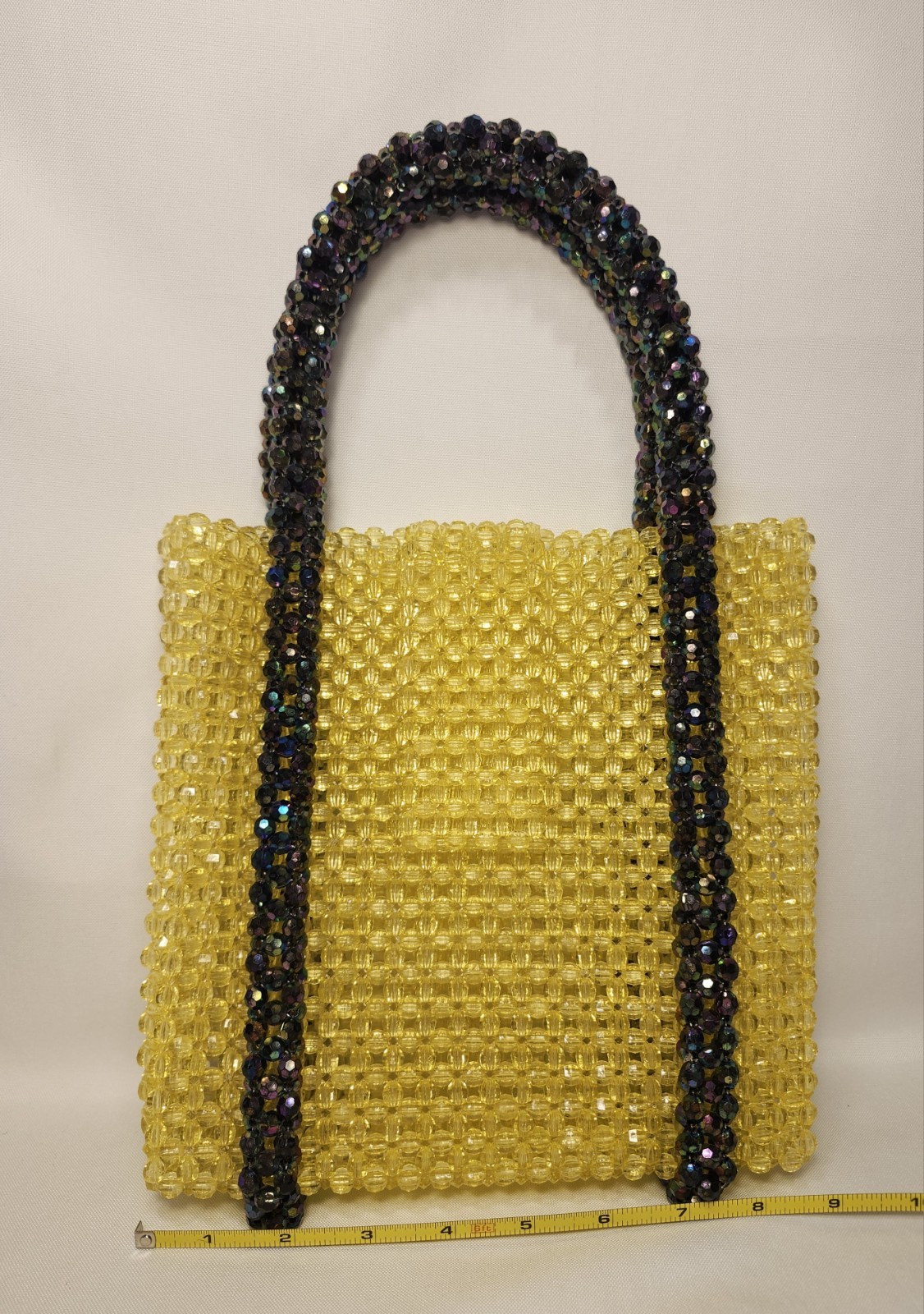 Homemade Yellow Beaded Bag With Black Beaded Handles