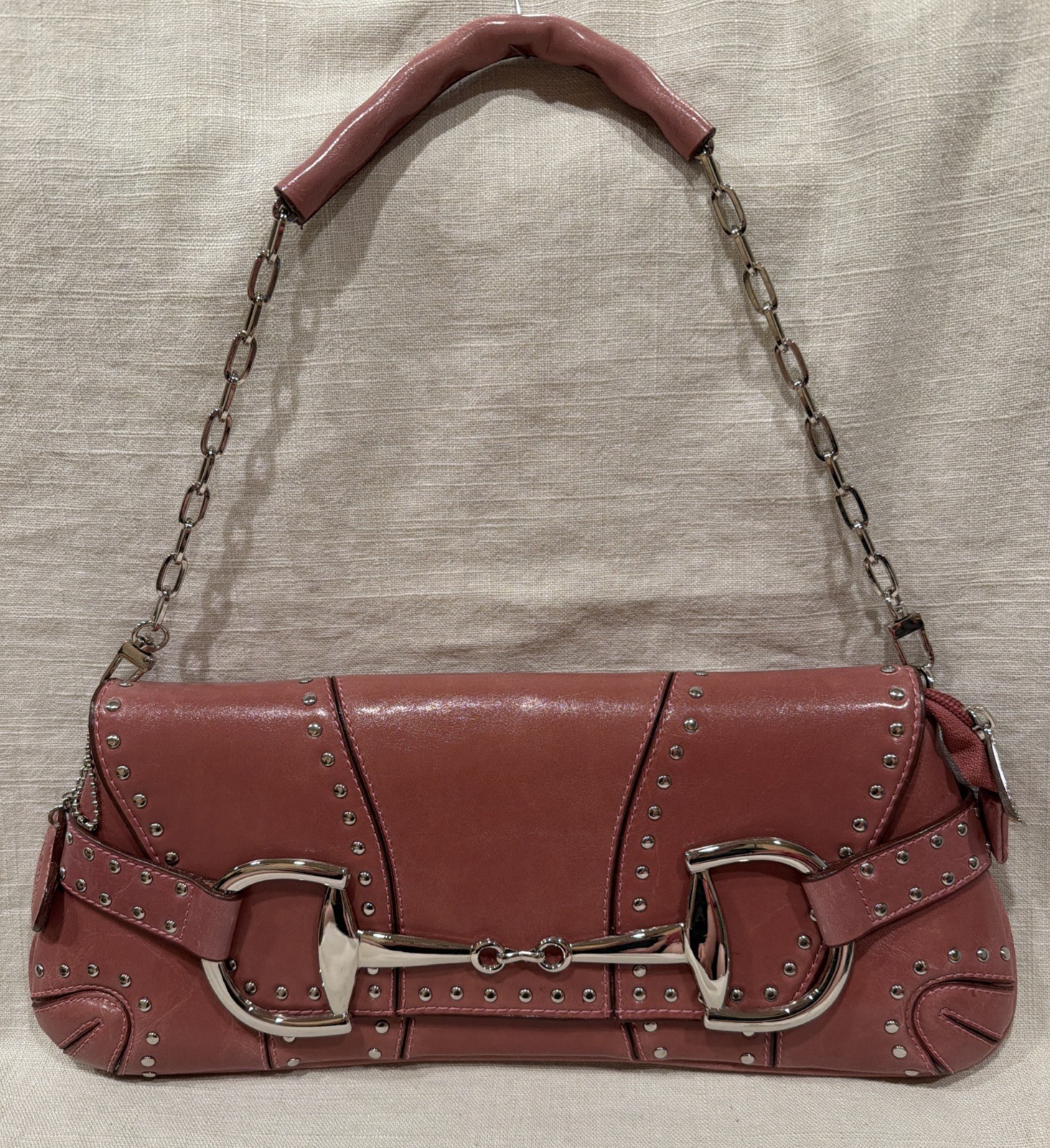 Rina Rich Y2K Horsebit Studded Shoulder Bag Pink Baguette Heart Tag Vintage