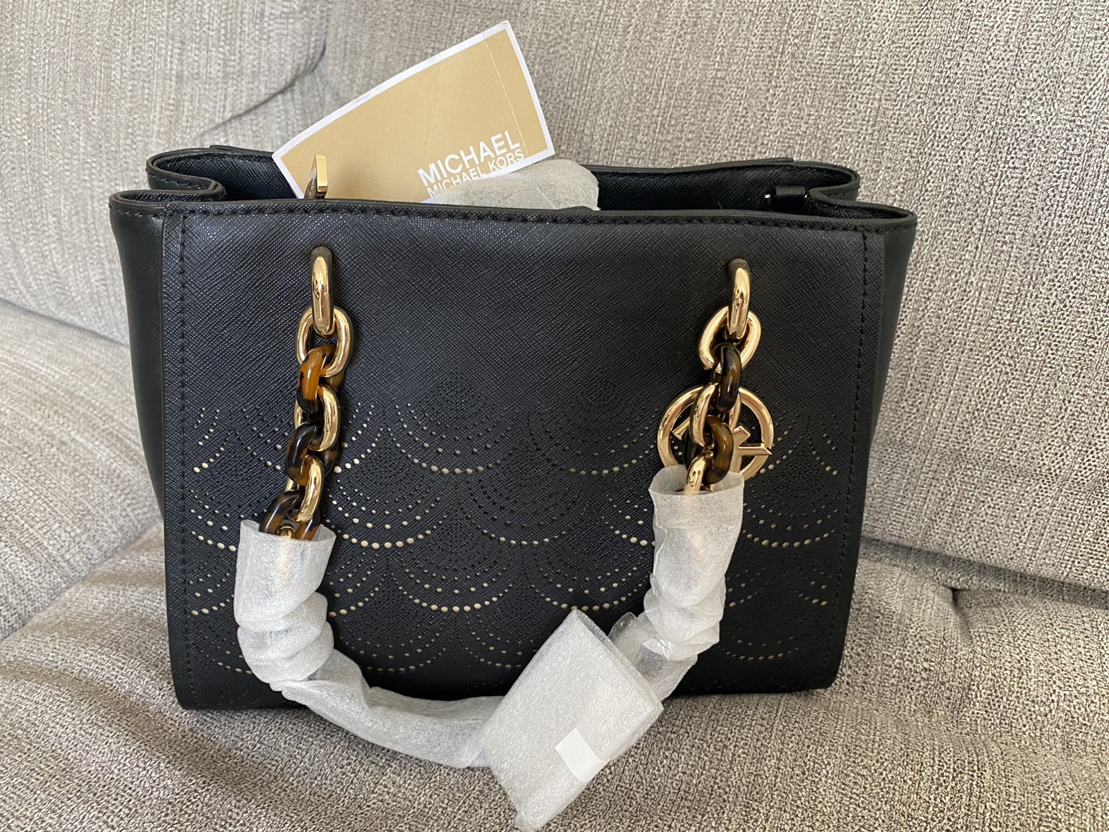 Michael Kors SOFIA Saffiano Leather Black Gold Chain Bag Tote Medium 35F8GO5T6L