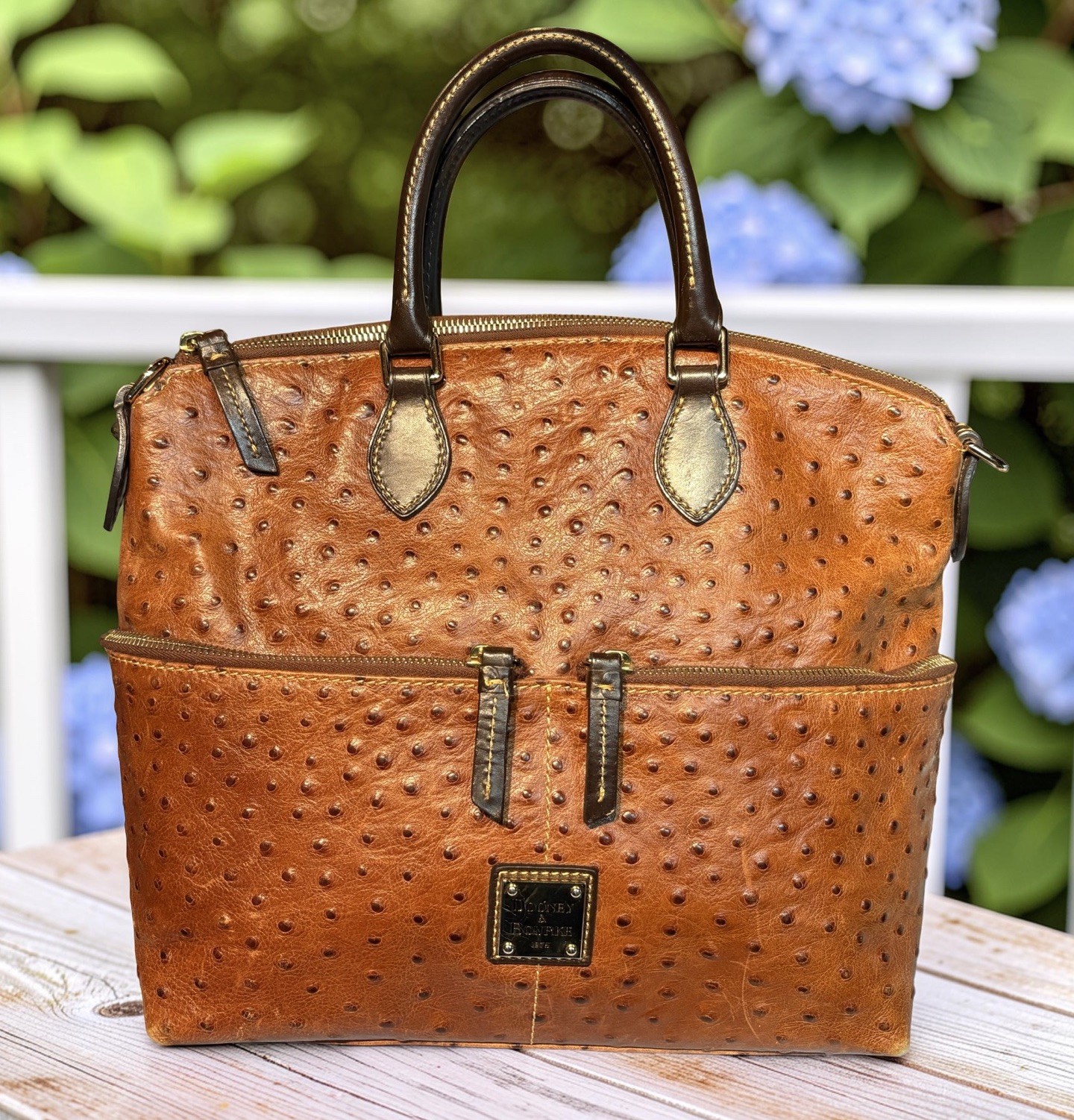 Dooney Bourke Chestnut Brown Ostrich Embossed Leather Front Pocket Satchel Tote