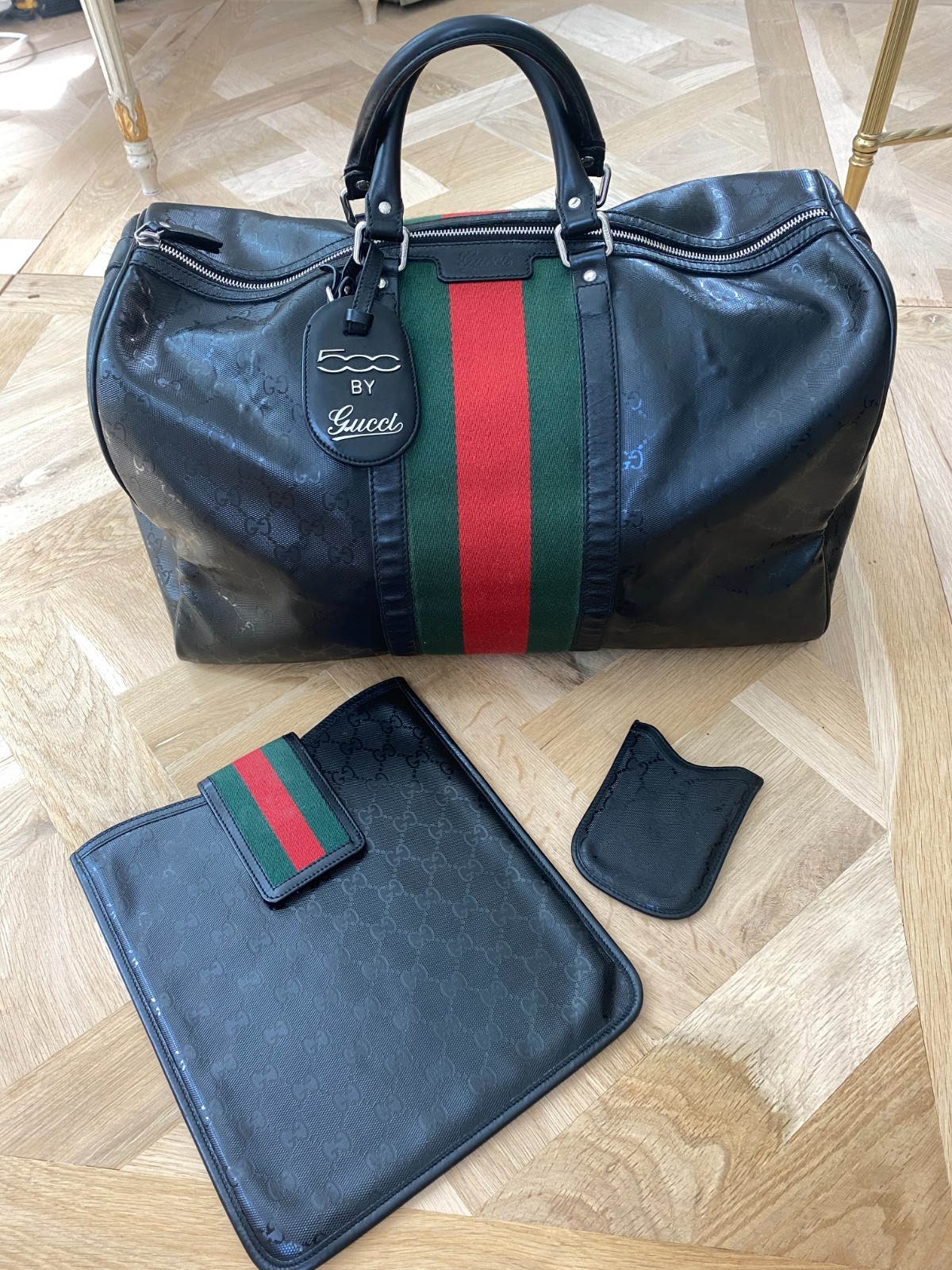 Gucci Fiat 500 Black GG Monogram Imprime Web Duffle Bag + iPad & Blackberry Case
