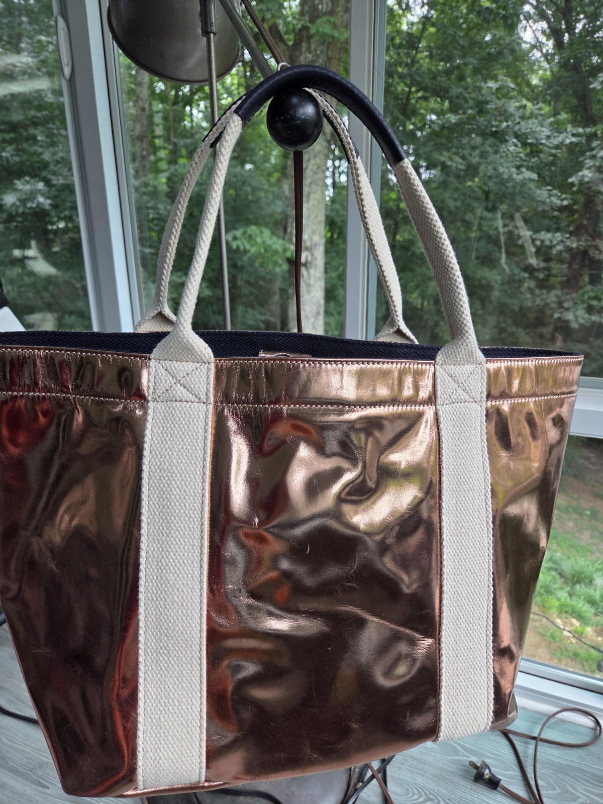 Boden Rose Gold Metallic Large Tote Bag w/ Polka Dot Lining Pouch