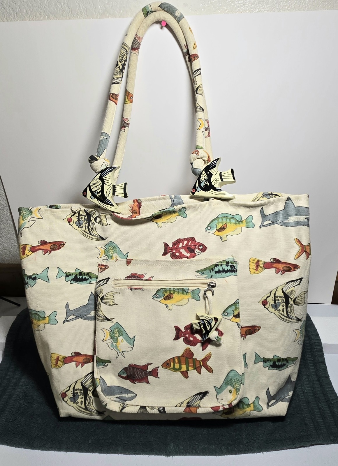 Unique Coastal Fish Print Cotton Canvas Tote Beach Bag Wood Fish Accents 21″