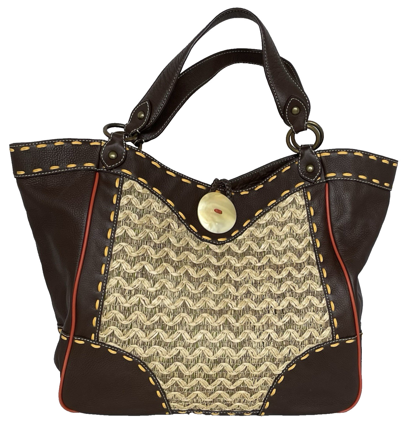 Kate Landry Handbag Purse Cow Leather Straw Weave Brass Hardware Pockets Floral