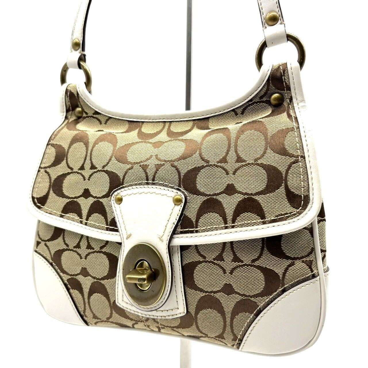 Coach Y2K Signature Canvas Leather Turn Lock Shoulder Bag Beige White Mini