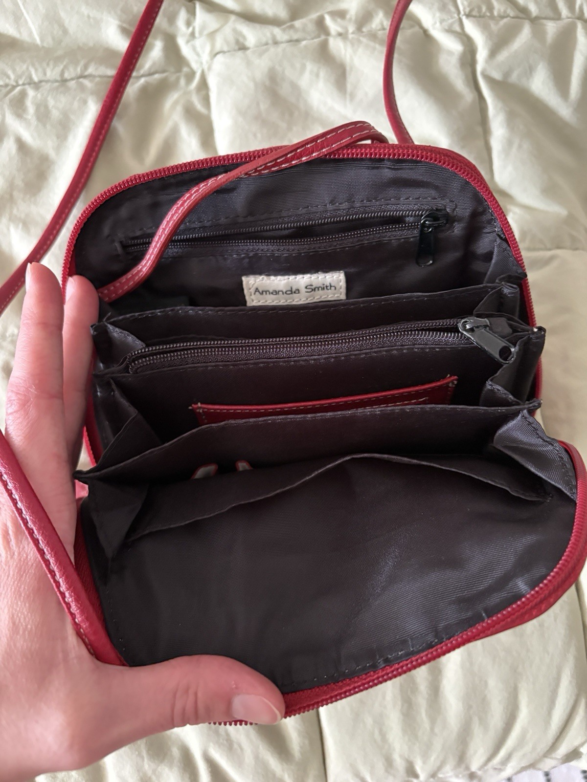 Amanda Smith Red Pebbled Leather Small Crossbody Bag Zip Attached Mirror