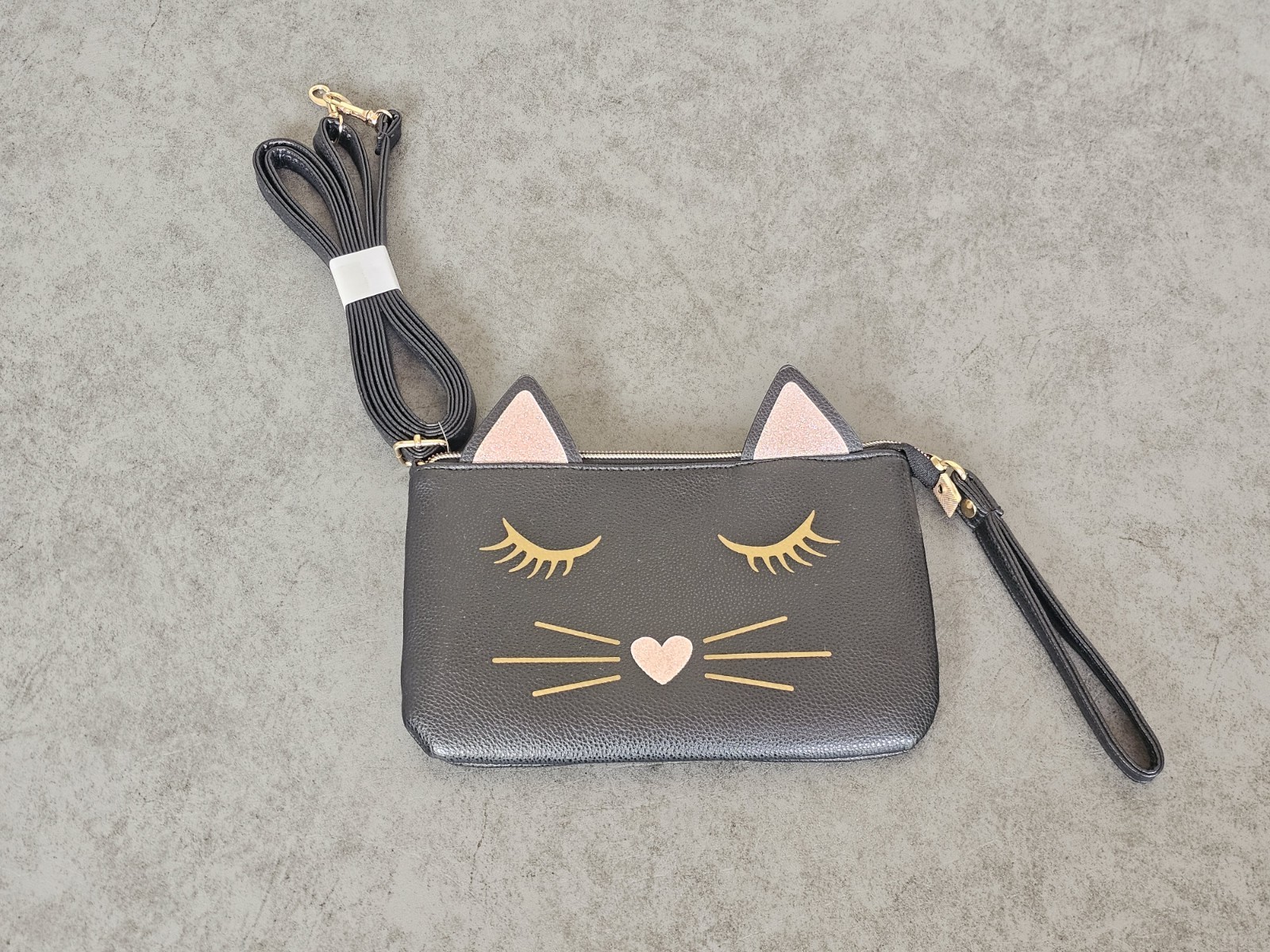 Cat Face Small Wristlet /crossbody Zip Pouch w/ Detachable Adjustable Strap