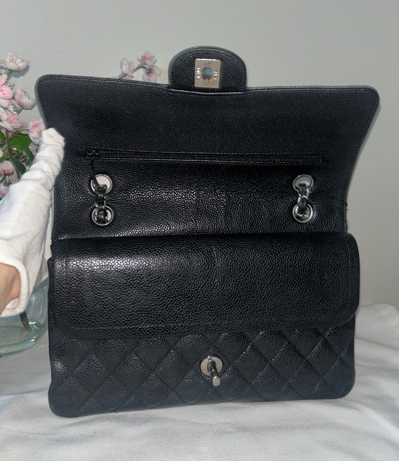 CHANEL Medium Classic Double Flap Caviar Leather Quilted Handbag Black