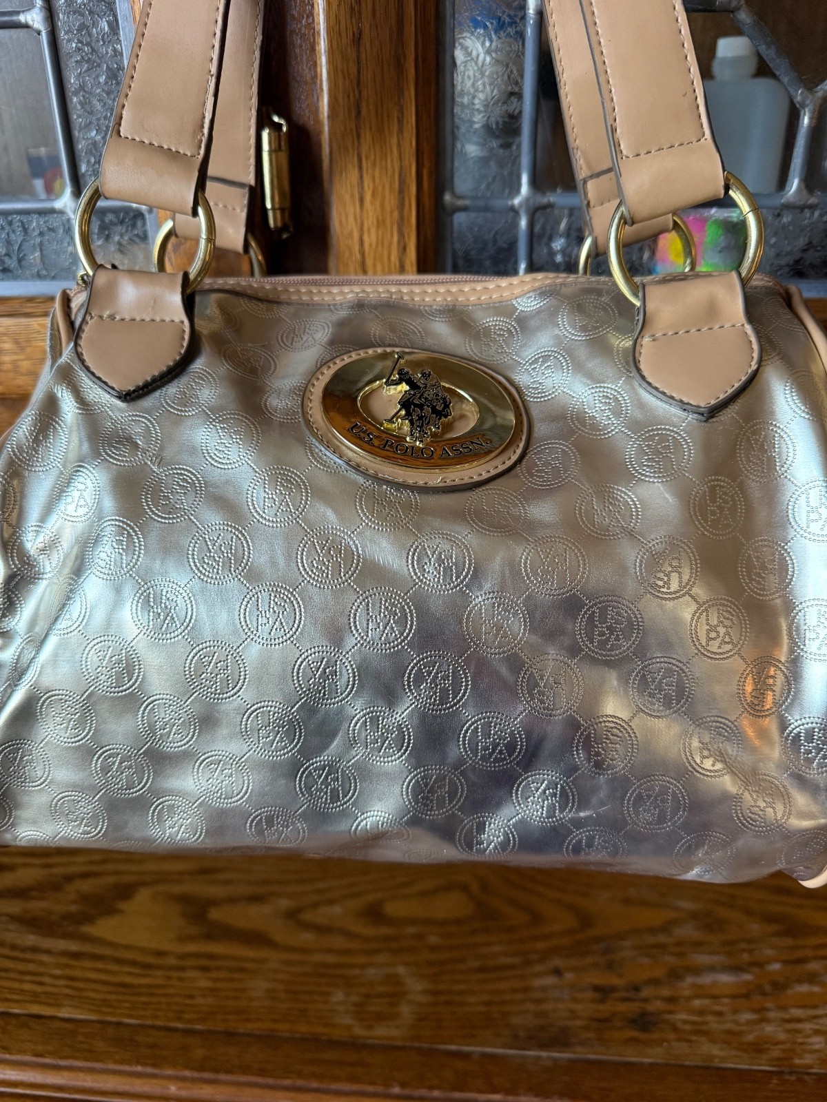 U.S. Polo Assn. Gold Metallic Embossed Satchel Bag Handbag Logo Purse