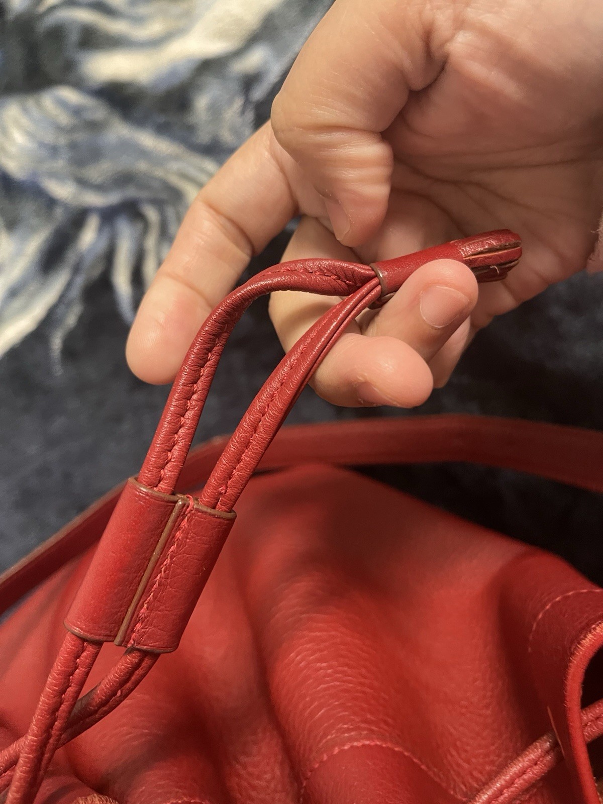 Hermes Red Bucket Drawstring Bag Adjustable Shoulder Strap Gold Buckle Brown