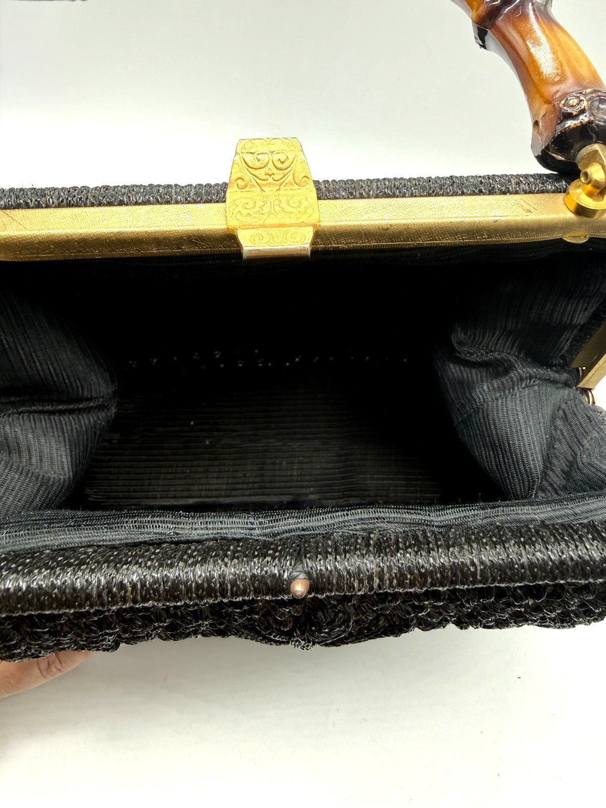 Black Wicker Handbag with Bamboo Handle Gold Hardware Vintage Style Box Purse