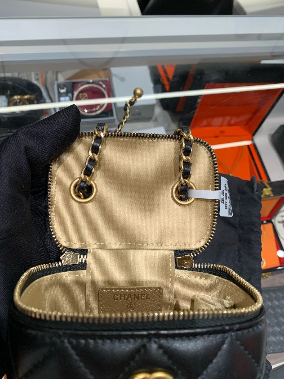 CHANEL Mini Gold Ball Vanity Case Black Lambskin Crossbody Bag Duty Paid