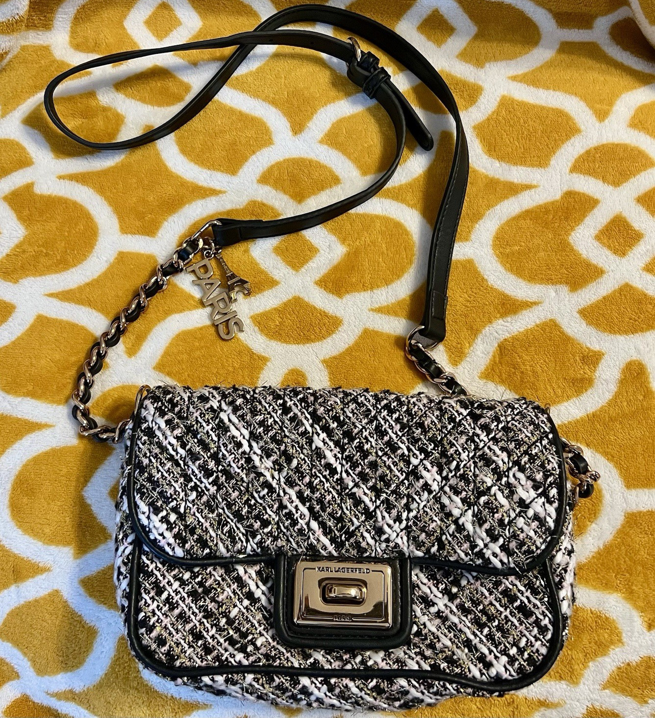KARL LAGERFELD PARIS Black/White Tweed Crossbody Bag Chain Turn Lock, Detach